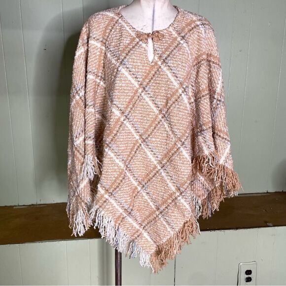 Boyne Valley Weavers Poncho Cape Sweater Ireland Made Fringed Alpaca Plaid OS - Picture 4 of 9